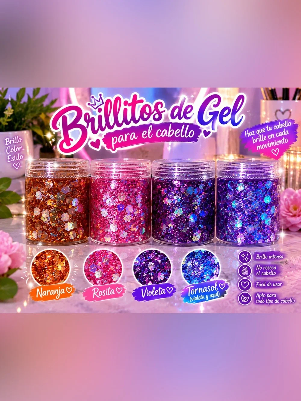 Brillitos de Gel para el Cabello - Rosita, Violeta y Tornasol Brillantes